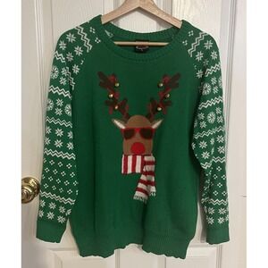 Ugly Christmas Sweater Reindeer Sunglasses Bells Green Holiday Knit Unisex Large